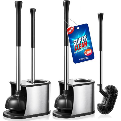 HAMITOR Toilet Plunger and Brush Set: 2 in 1 Stainless Steel Bowl Brush with Holder, Deep-Cleaning Curved Bristles and Heavy Duty Unclogger, Compact Design for Household & Hotel, Silver, 2-Pack