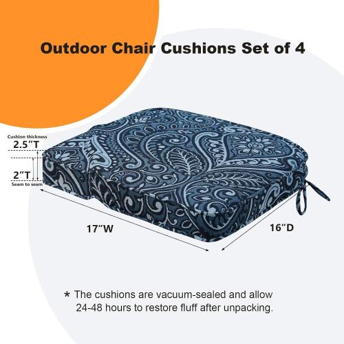 Unimatta Round Corner Seat Cushions, 17 x 16 x 2, Set of 4, Indoor Outdoor Water Repellent Universal Chair Pads with Ties for Patio Furniture, Garden Deck Dining Chairs, Damask Blue Flower
