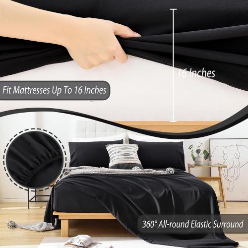 Size Queen Color Black Whitney Home Textile Queen Sheet Set, Soft Microfiber Hotel Bed Sheets Queen Size, Extra Deep Pocket, Luxury Breathable Bedding Sheet & Pillowcase Sets, 4 Piece Wrinkle Free Oeko-Tex, Black