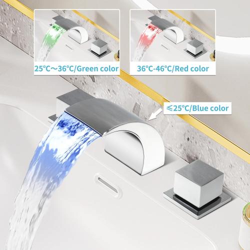 SKOWLL Polished Chrome Deck Mount Bathroom Faucet, 2 Handle Modern LED Waterfall Vanity Sink Faucet, 8 Inch Widespread Lavatroy Sink Faucets