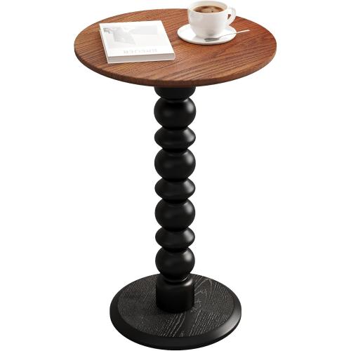 Solid Wood Round Side Table, Small Drink Table,Cocktail Table, Wooden Pedestal End Table, Plant Stand for Living Room, Bedroom，Office and Corners(Walnut/Black)