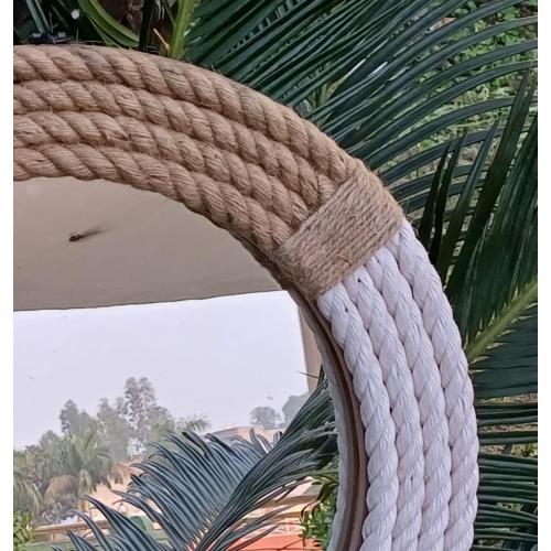 White and Brown Round rope wall mirror, 18 inch, Rustic Farmhouse Hanging Mirror for Bathroom, living Room - Nautical Coastal Decor.