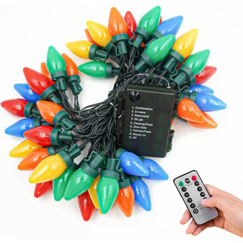 Set of 50 Size 24 ft LED C7 Christmas Lights,24Ft C7 Christmas Lights Battery Operated String Lights Remote Timer 8 Lighting Modes for Indoor Outdoor Xmas Tree Garden Patio Party Christma Decorations