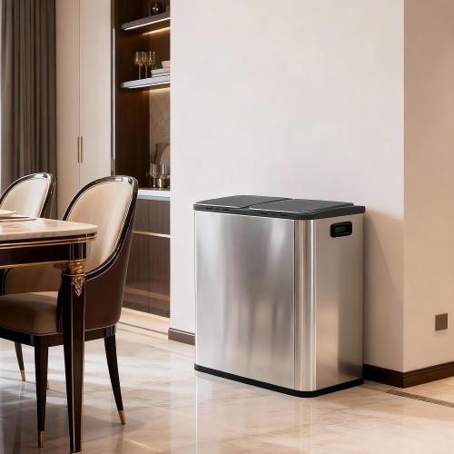 DUMOS 2 x 10.5 Gallon Kitchen Trash Can with Lid, Stainless Steel Garbage Can with Soft-Close Lid & Removable Inner Buckets, Dual Compartment Step-on Waste Bins for Kitchen, Home Office