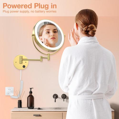 9 Wall Mounted LED Makeup Mirror, 1X/10X Magnifying Mirror Corded, Gold | Large Size, Plug-in, Not Battery Operated, 2-Sided Vanity Mirror, Extended Arm, 3 Color Lights, 360° Swivel, Touch Dimmable