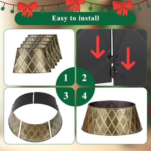 Lanpn Metal Christmas Tree Collar 24 inch, Christmas Tree Ring Collar for Small Mini Pencil Xmas Stand Cover Real Artificial Trees Indoor Outdoor Decoration (Gold, Diamond)