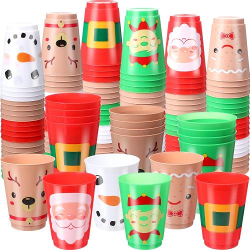 Sieral 24 Pcs Christmas Plastic Tumblers 16 oz Reusable Santa's Belt Drink Cups - Santa Gingerbread Elf Snowman Face Beverage Cups for Beer Coffee Tea Xmas Holiday Party Supplies
