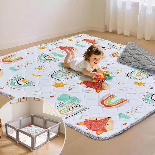 Baby Play Mat for Floor,71x59 Inch Soft Foam Padding Crawling Mat for Playpen, Foldable and Machine Washable, Thick for Babies & Toddlers,Rainbow Fox