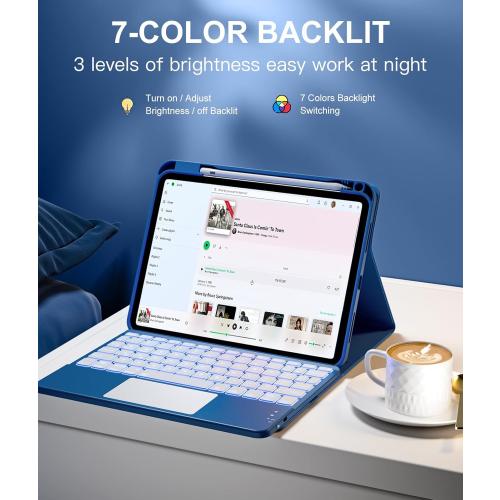 Harvopu Compatible for iPad 11th 10th Generation Case with Keyboard, Folio Cover with Pencil Holder, Multi-Touch Trackpad, 7 Color Backlit, Detachable Keyboard for iPad (A16) 11th/10th Gen (Navy Blue)