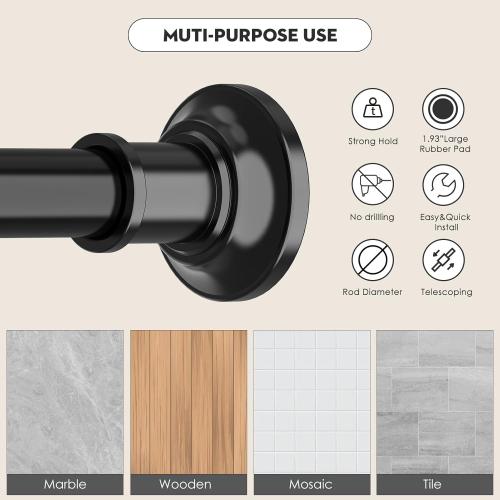 Black Tension Shower Curtain Rod 1.1 Diameter Heavy Duty Stainless Steel Adjustable Spring Tension Rods 30 to 88 inch No Drill Shower for Bathroom Windows Outdoor No Slip No Rust