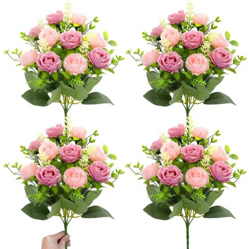 TURNMEON 40 Heads Fake Roses Artificial Flowers for Outdoors Spring Decor, 4 Bouquets UV Resistant Fake Flower Bouquet Faux Silk Roses for Wedding Birthday Party Home Summer Cemetery Decor(Pink)