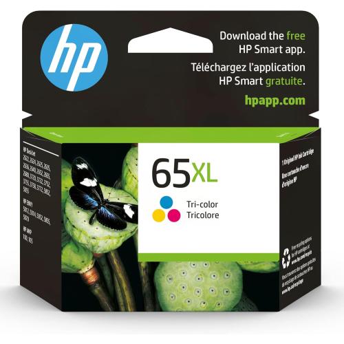 Missing box ,HP 65XL Tri-color High-yield Ink Cartridge for HP Printers | Works with Printer Series: AMP 100, DeskJet 2600, 3700; ENVY 5000 | Eligible for Instant Ink | N9K03AN