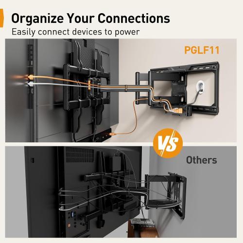 Perlegear Full Motion TV Wall Mount with Power Strip for 42–90 Inch TVs | TV Mount up to 150lbs, Pre-Assembled, USB charging, Smooth Swivel, Tilt, Extension, VESA 600x400mm, 12/16/24 Wood Studs