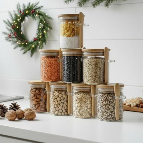 7.6 oz Airtight Mini Glass Jars with Bamboo Lids and Bamboo Spoons, Spice Jars Small Food Storage Containers for Kitchen, Bathroom, Home Decor Set of 8