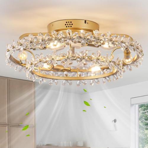 20 Boho Chandelier Ceiling Fan with Light Modern Flower Fandelier | for Girl's room Bedroom Living Room,Bladeless Caged Ceiling Fans with Lights and Remote,Frence Shabby Chic,Crystal Flowers