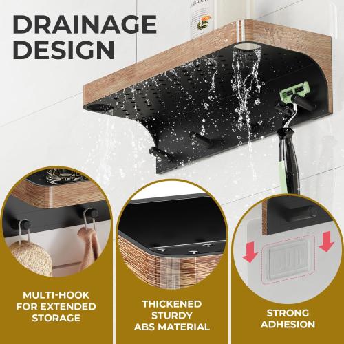 Shower Caddy Adhesive with 5 Hooks & Drainage, No-Drill, Wood