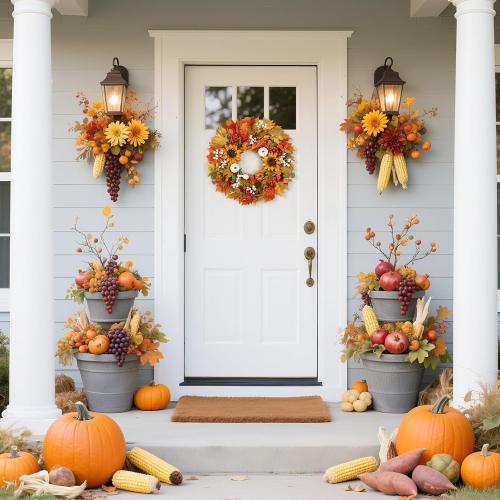 Fall Wreath for Front Door, 22-24 Autumn Wreath with Sunflower, Pumpkin, Berry. Artificial Home Decorations for Indoor Outdoor Window Wall Porch,UV Resistant Seasonal Decor for Thanksgiving Halloween