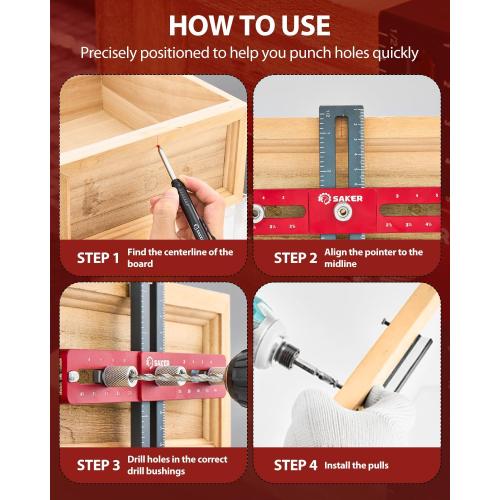 Saker Cabinet Hardware Doweling Jig - Cabinet Handle Template Tool for Knobs and Pull - Adjustable Self Centering Punch Locator Precise Woodworking Drill Guide (6.5 Jig Saw)