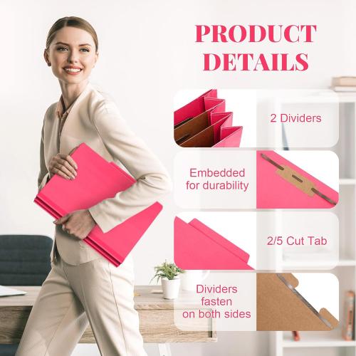 Skyygemm 12 Pcs Classification Folders Letter Size Bulk - 2 Dividers Pressboard File Folder with 3. 5 Inch Expansion, 2 Prongs Fastener, Heavy Duty Office File Organizer for Teacher Medical (Hot Pink)