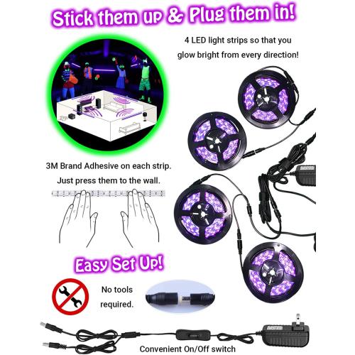 Black Lights for Glow Party! 115W Blacklight LED Strip kit. 4 UV Lights to Surround Your Neon Party. Ultraviolet Lighting for Big Rooms. Easy Set up! Glow in The Dark Party Supplies. Fiesta Luz Negra