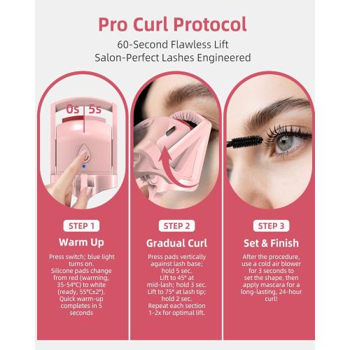 Heated Eyelash Curler, 5s Fast Heating Electric Eyelash Curler, Safe Anti-Burn Eyelash Curlers with Silicone Pad, Type-C Quick Charge, Intelligent Temp Control, 24H Long-Lasting Curls (Pink)