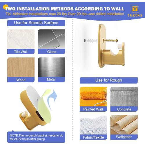 TKZTKZ Curtain Rods No Drilling with Adhesive Brackets,Adjust 36-88,Gold