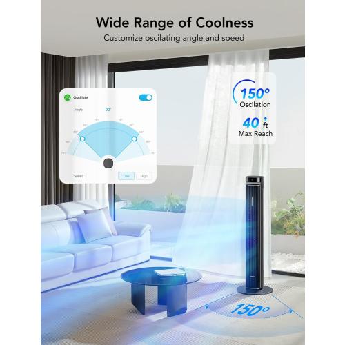 GoveeLife 42 in. Tower Fan, 150 Deg Oscillation, 5 Modes 12 Speeds, Black