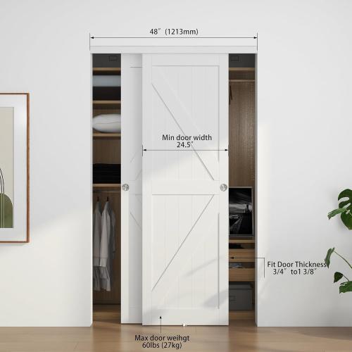 Bypass Sliding Door Track Hardware 48, Wardrobe Closet Door Steel Track Set, Easy to Install,Smoothly and Quietly, for 2 Door System
