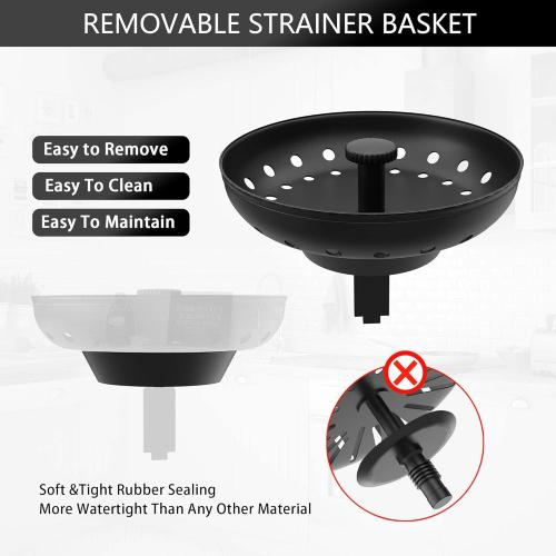Black Sink Drain 3-1/2 Inch Matte Black Kitchen Sink Drain Strainer Assembly Kit with Strainer Basket and Drain Stopper for Standard Kitchen Sink Stainless Steel