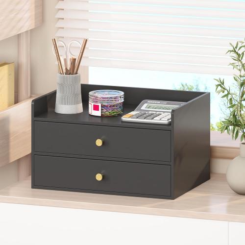 Bamboo Desk Organizer with Drawers Wooden Desktop Storage Drawers for Bills Office Supplies Kitchen Utensils Organizing Tool for Home Classroom Organization No Assembly (2 Drawers, Black)