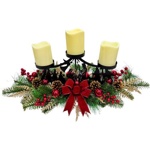 Christmas Candle Holder Christmas Decorations 3 Candle Holders with Metal Nativity Scene Black Silhouette Cedar Branches Pine Needles Berries Red Bow and Ball Ornaments for Xmas Decorations