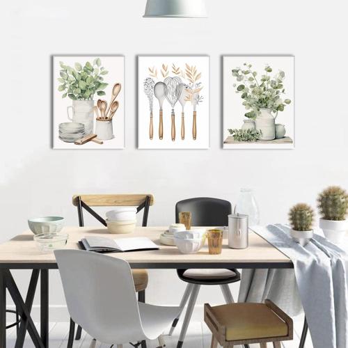AOYUSMO Kitchen Wall Decor 3 Piece Sage Green Botanical Prints 16x24