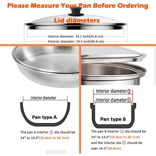 Glass lid for Large Pots and Pans, 14 Inch Cover for Replacement, Commercial Lid for Cookware, Frying Pans, Stockpot, Dishwasher safe and oven safe up to 400°F Fit Inner Dia14 to 14.4 Inch