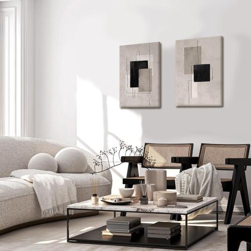 Kdyudo 2 Pcs Large Minimalist Block Line Canvas Framed Wall Art Neutral Abstract Print Poster Wall Decor Black Beige And Brown Geometric Square Line Painting Pictures Living Room Bedroom 16x24 Inch