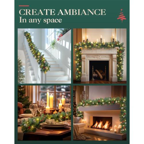 Pre-lit Christmas Garland, 9FT Lighted Christmas Garland Indoor with Red Berries & Pine Cone for Stairs Wall Door Outdoor Holiday Decor with Battery Operated Timer, Artificial Xmas Garland
