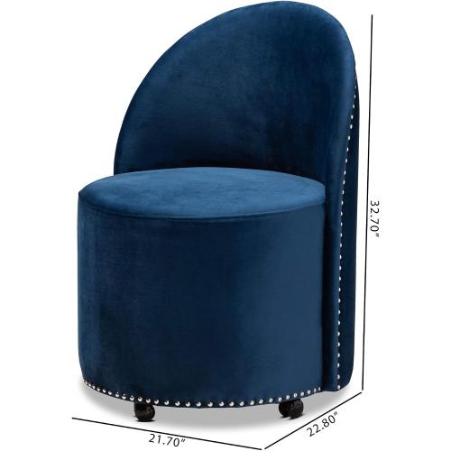 Baxton Studio Bethel Glam and Luxe Navy Blue Velvet Fabric Upholstered Rolling Accent Chair  ( the  polyurethane wheels is broken see the pictures)