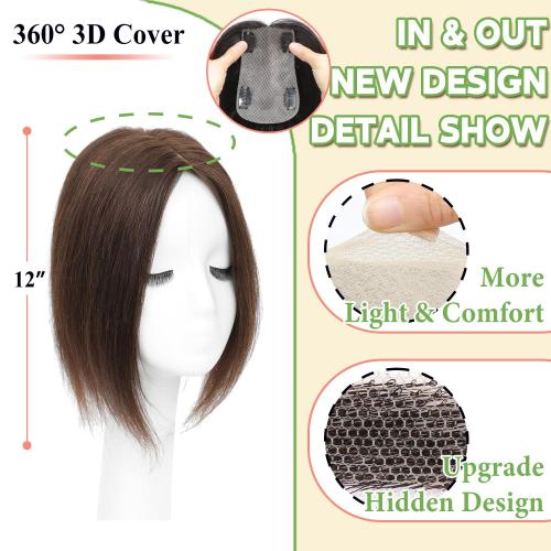 Size 12 Color Brown Hair Toppers for Women Real Human Hair, 12 Inch 360° 3D Upgrade Middle Part Toppers for Women with Thinning Hair (Mocha Brown)