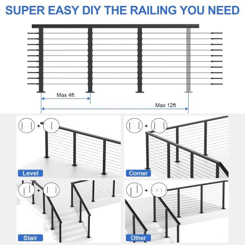 BLACK 4-12ft Complete Set 36 Cable Railing Post Kits, Stainless Steel Black Level Drilled Line Posts(35x2x2)4 Pack, 1/8 Wire Rope with Cutter(No Handrail), Swageless Deck Cable Railing, MY07-LP