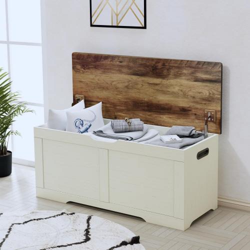 39.4 Storage Chest, Wooden Storage Bench, Lift Top Toy Chest | Large Toy Box with 2 Safety Hinges, Entryway Bench for Bedroom, Living Room, Brown and Rustic White