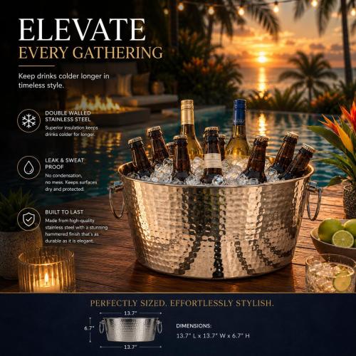BREKX Insulated Hammered Stainless Steel Beverage Tub & Ice Bucket, 12 Qt | Double-wall insulated tub keeps beer, wine and champagne chilled. Double-hinged handles make carrying easier.