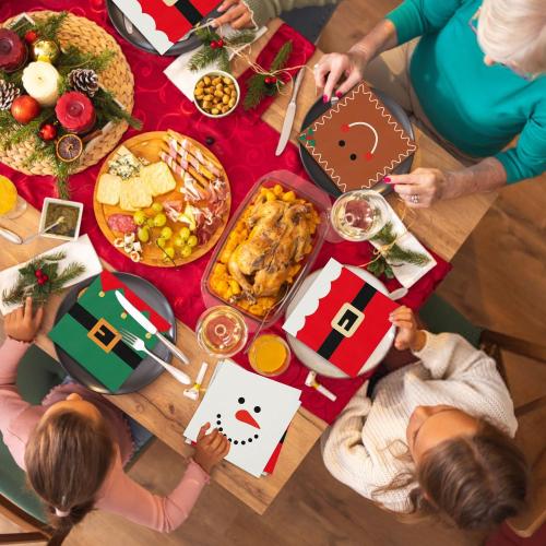 100 Christmas Napkins, Christmas Cocktail Napkins, Xmas Snowman Gingerbread Man Elf & Santa Party Napkins for Holiday Decorations Table Décor Party Supplies