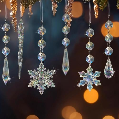 32pcs Christmas Decoration Crystal Ornaments - Iridescent Christmas Tree Ornaments Acrylic Snowflakes Drop Icicle Pendants Hanging Ornaments for Xmas Tree Winter Holiday Frozen Party Decorations