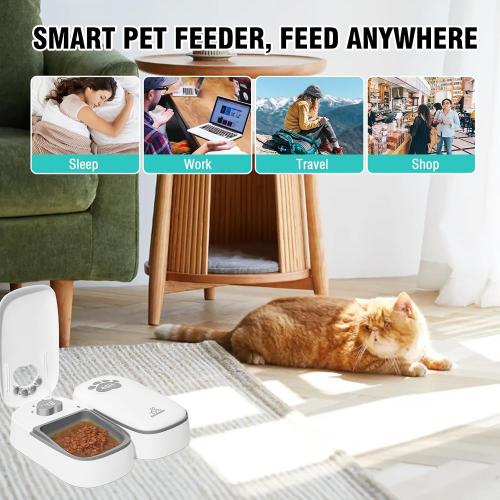Automatic Cat Feeder 2 Meal, 48H Timer Wet Dry Cat Food Dispenser, with Display and Power Saving Mode, for Cat and Dog Automatic Feeder