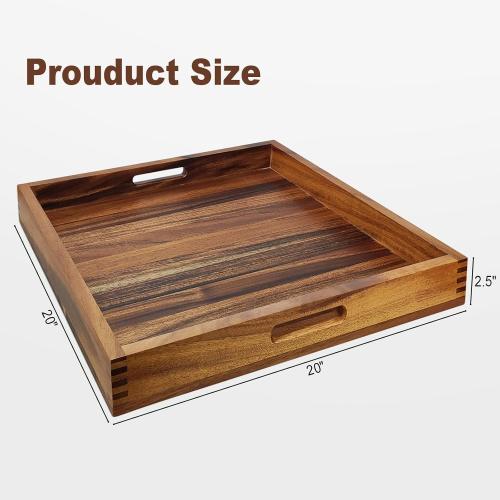 YIFAN 20 * 20Inches Walnut Wooden Ottoman Tray with Handles,Square Coffee Table Serving Tray for Home Decor,Couch Table for Party,Patio Breakfast Trays for Bed no Legs