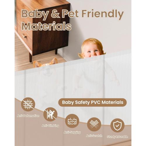 Retractable Baby Gate, 55 Wide Mesh Gate with 4 Reinforced Rods, Prevents Kids & Dogs from Crawling Under, 34 Tall Easy-to-Use Pet Gate for Stairs, Bedrooms, Hallways, Indoor/Outdoor, White