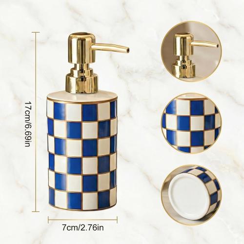 Blue and White Checkered Ceramic Soap Dispenser, Cute & Durable for Bathroom, Ideal Checkered Bathroom Decor