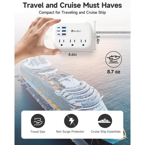 6 USB(3 USB C) Power Strip- Travel Power Strip with 6 USB Desktop Charging Station 24W/4.8A and 3 Outlets, 5Ft Flat Plug Braided Extension Cord, Non Surge Protector for Cruise Ship Travel Office Dorm