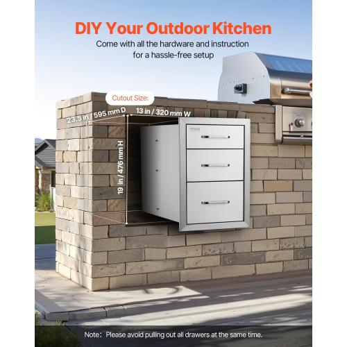VEVOR  Outdoor Kitchen Drawers Stainless Steel, Flush Mount Triple Drawer, with Stainless Steel Handle, BBQ Drawers for Outdoor Kitchens or BBQ Island