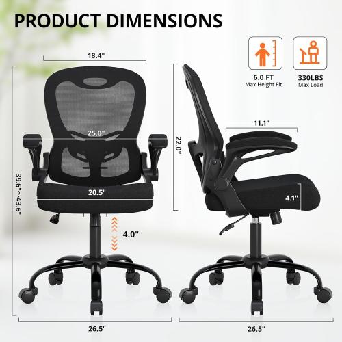 Black Office Chair, Ergonomic Desk Chair Breathable Mesh Chair with Adjustable High Back Lumbar Support Flip-up Armrests, Long Hours Comfortable Computer Chair for Home Office, Black