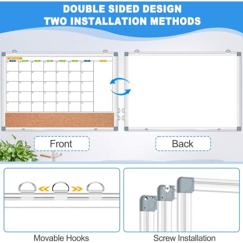 Monthly White Board Calendar Dry Erase Cork Board Combo for Wall, Double-Sided 36 x 24 Magnetic Calendar Whiteboard & Bulletin Board, Portable Dry Erase Board for Home, Office, School